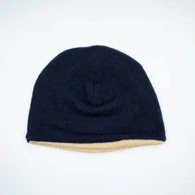Navy Blue and Caramel Brown Cashmere Beanie Hat
