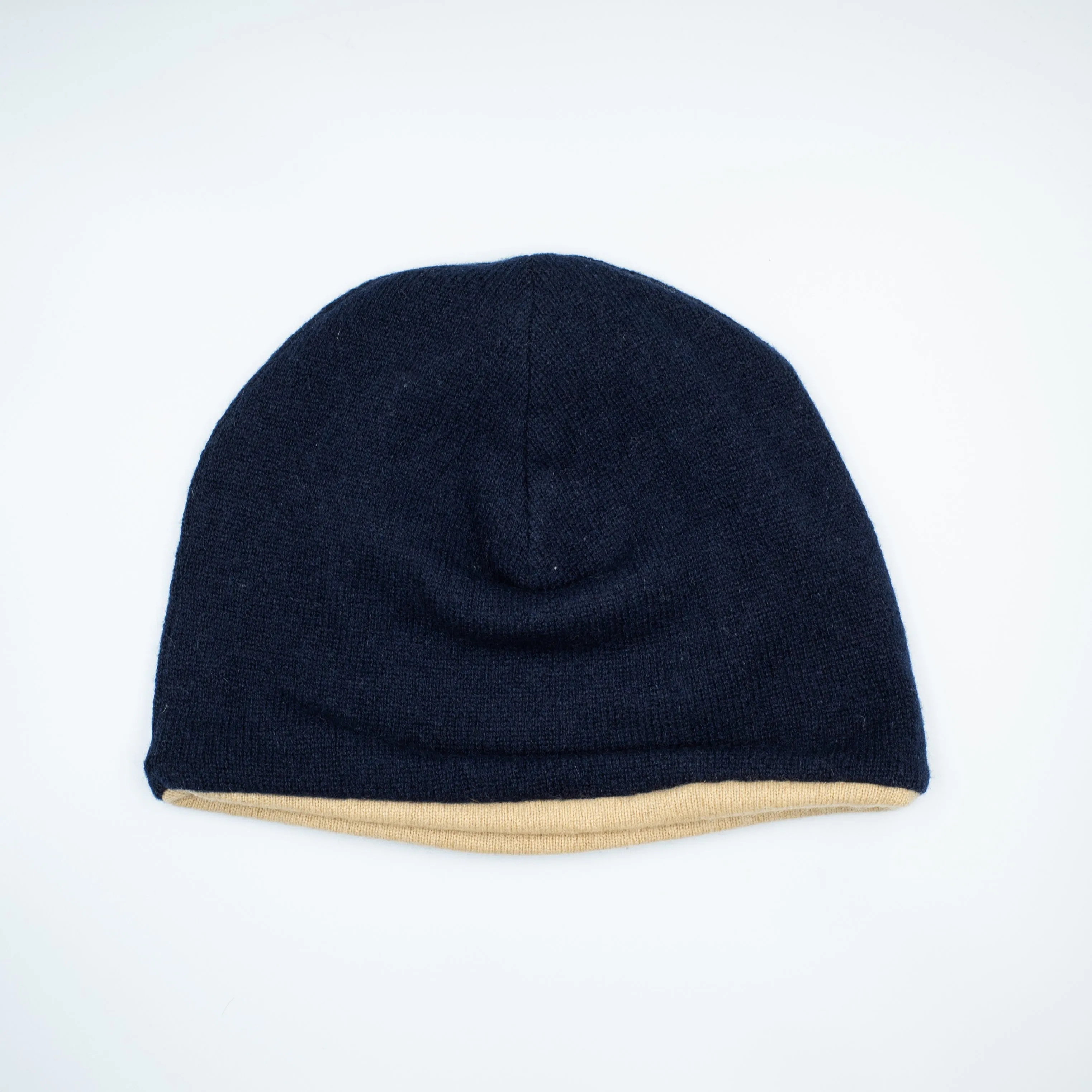 Navy Blue and Caramel Brown Cashmere Beanie Hat