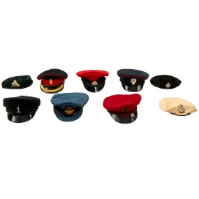 Original British, Canadian & Australian Military and Police Visor and Beret Lot - Formerly Part the Tower of London Yeoman Warders Club Collection - 9 Items