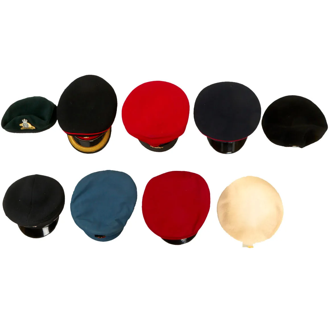 Original British, Canadian & Australian Military and Police Visor and Beret Lot - Formerly Part the Tower of London Yeoman Warders Club Collection - 9 Items