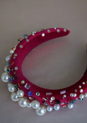 Oversized Pearl & Crystal Velvet Headband (Dark Red)