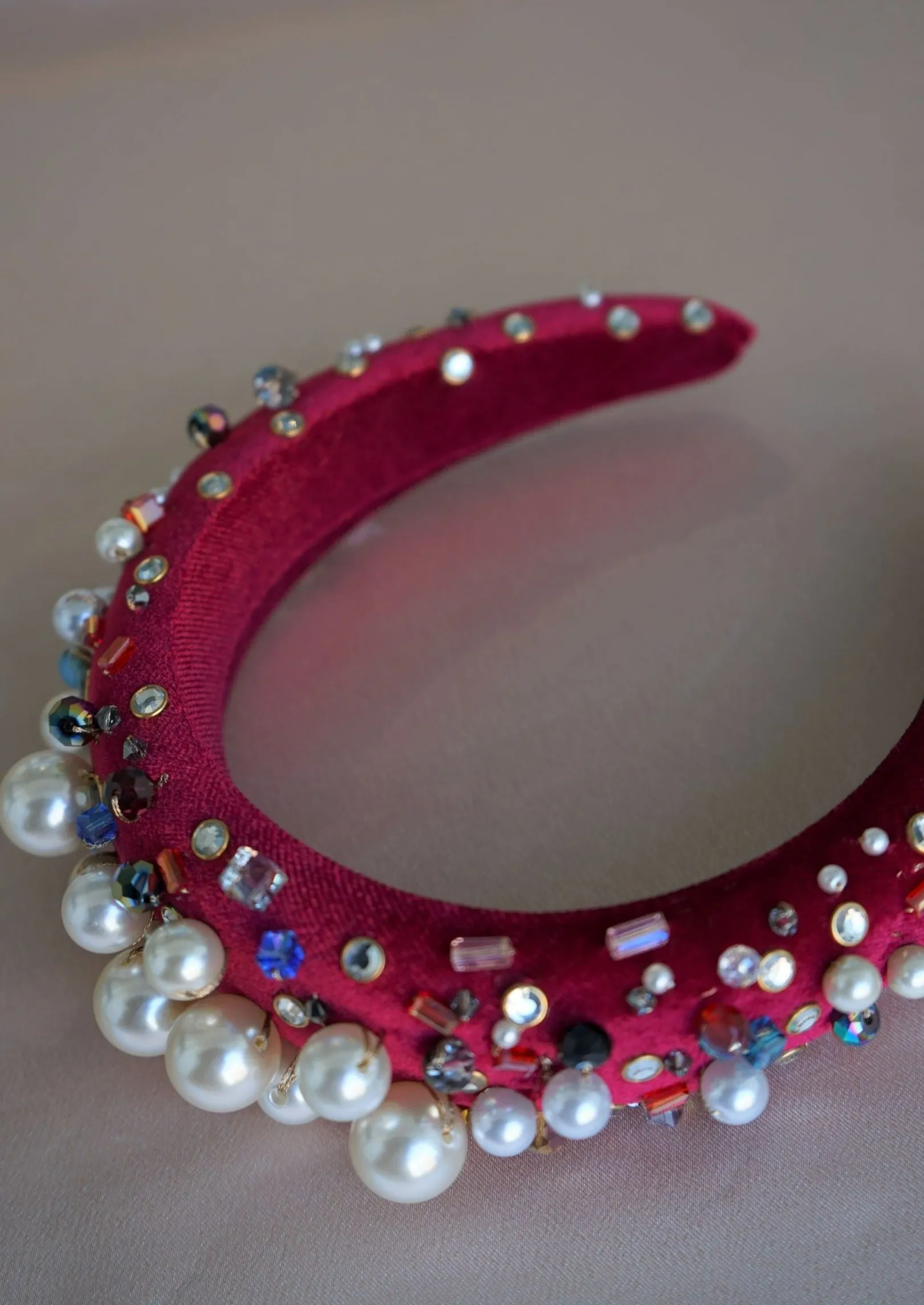 Oversized Pearl & Crystal Velvet Headband (Dark Red)