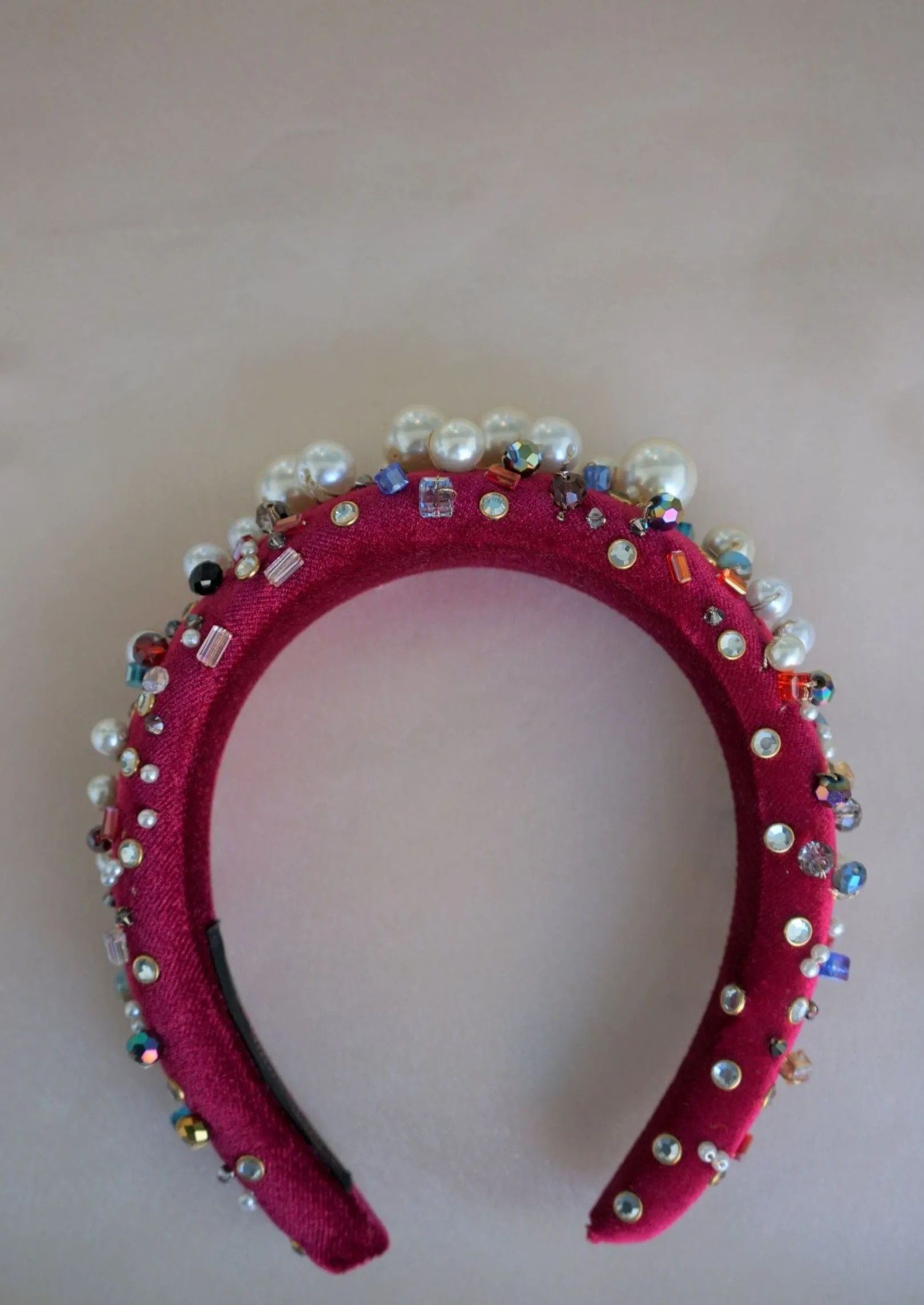Oversized Pearl & Crystal Velvet Headband (Dark Red)