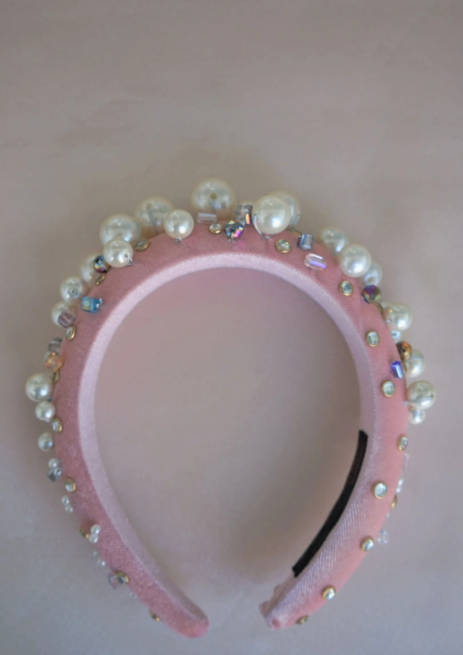 Oversized Pearl & Crystal Velvet Headband (Pink)