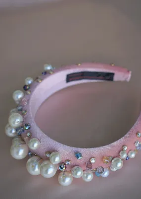 Oversized Pearl & Crystal Velvet Headband (Pink)