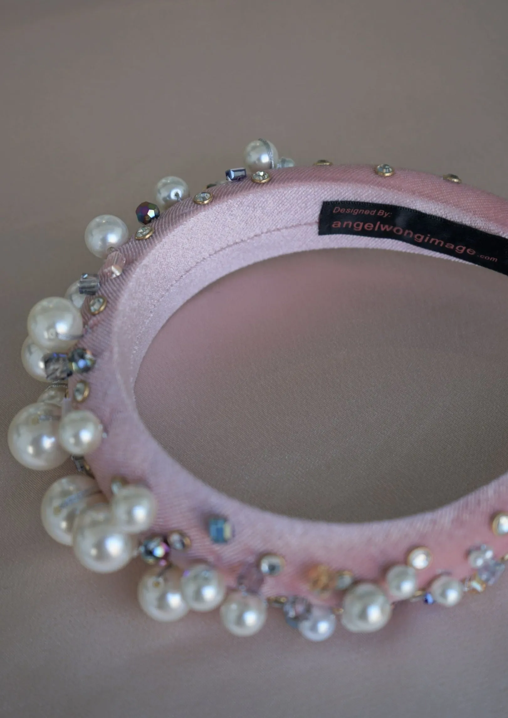 Oversized Pearl & Crystal Velvet Headband (Pink)