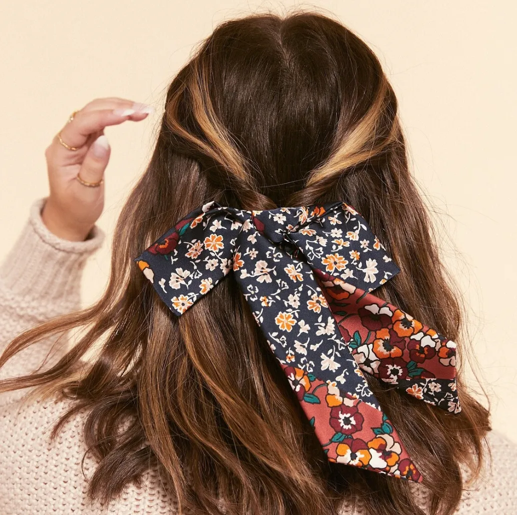 Patchwork Poppies Bow Barrette | Hair Bow Barrette with Tails | Luxury Designer Hair Accessories | Hand Tied and Made to Order