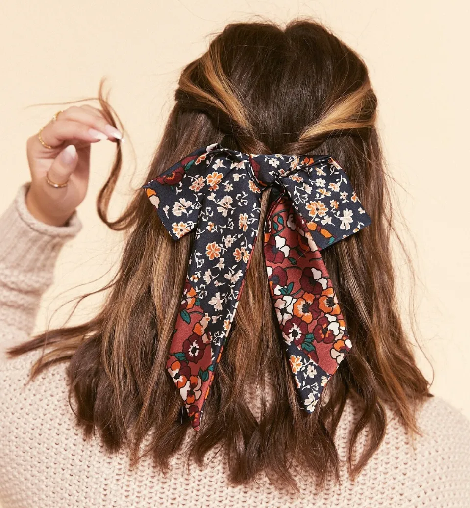Patchwork Poppies Bow Barrette | Hair Bow Barrette with Tails | Luxury Designer Hair Accessories | Hand Tied and Made to Order