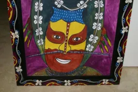 RARE UNIQUE AUTHENTIC COLORFUL FOLK ART PAINTING HILU TRIBE WARRIOR FROM PAPUA NEW GUINEA ARTIST FRAMED IN SIGNED HAND PAINTED FRAME TO MATCH THE ART WITHIN 31” by 27” DFP12 DESIGNER COLLECTOR WALL ART