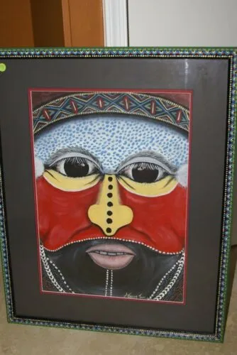 RARE UNIQUE AUTHENTIC COLORFUL FOLK ART PAINTING TRIBAL WARRIOR FROM PAPUA NEW GUINEA ARTIST FRAMED IN SIGNED HAND PAINTED FRAME TO MATCH THE ART WITHIN 29 1/4” X 23 3/4” DFP7 DESIGNER COLLECTOR WALL ART