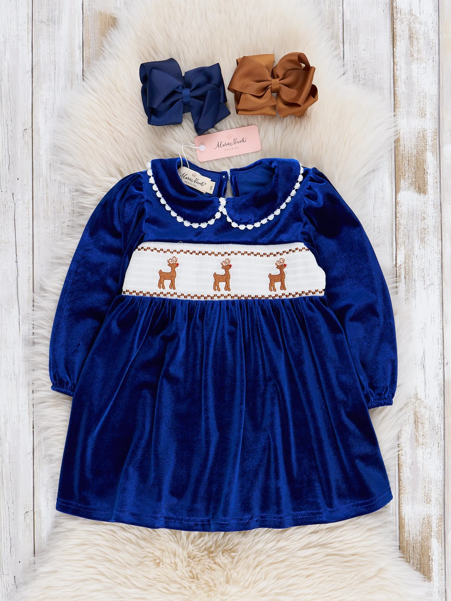 Royal Blue Smocked Reindeer Velvet Dress