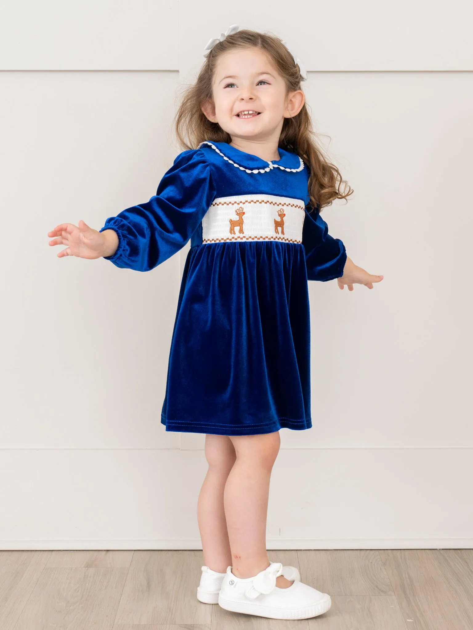 Royal Blue Smocked Reindeer Velvet Dress