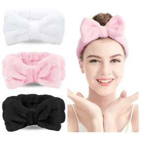 Spa Headband - 3 Pack Bow Hair Band Women Facial Makeup Head Band Soft Coral Fleece Head Wraps For Shower Washing Face (Black white pink)