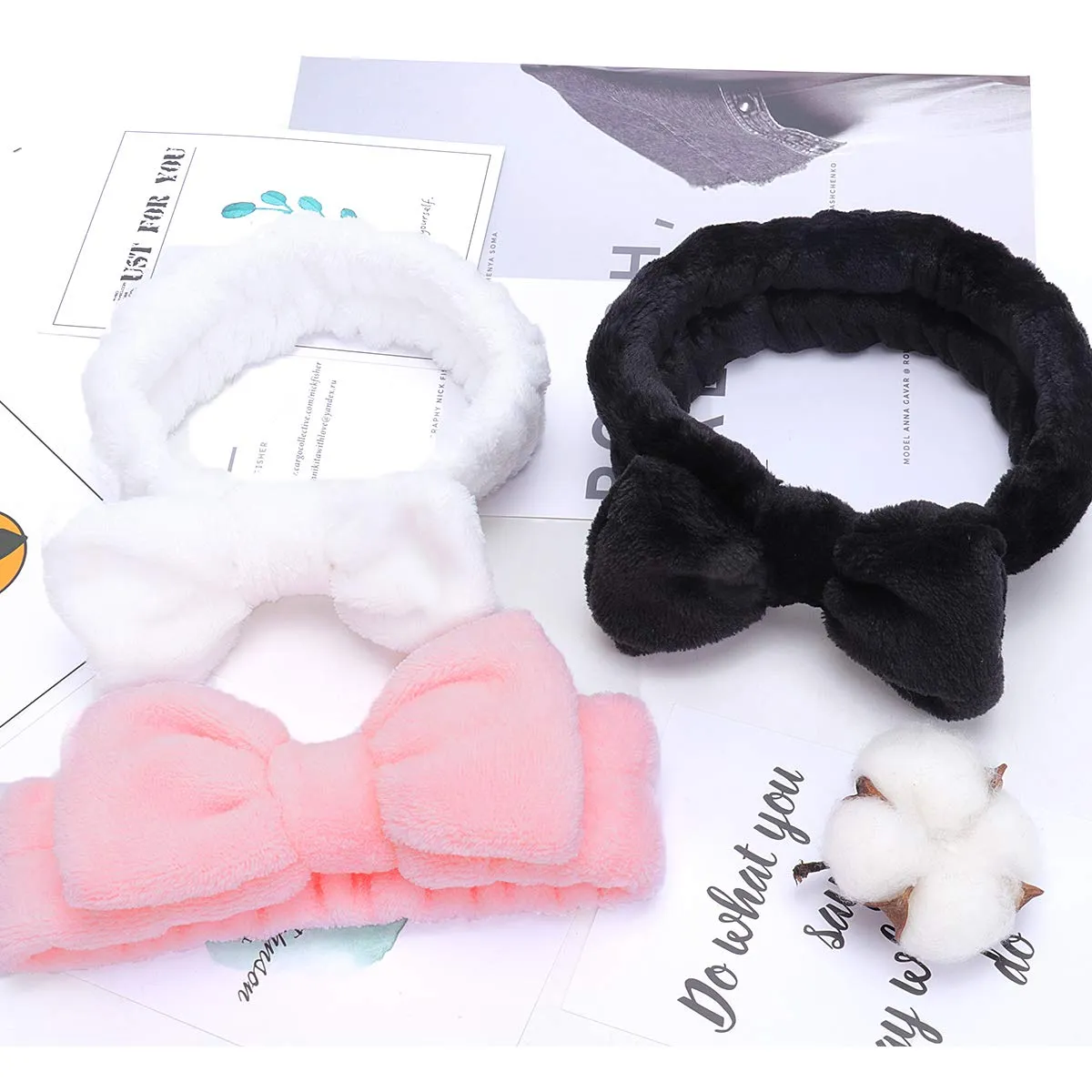 Spa Headband - 3 Pack Bow Hair Band Women Facial Makeup Head Band Soft Coral Fleece Head Wraps For Shower Washing Face (Black white pink)