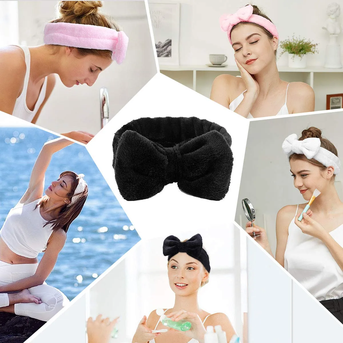 Spa Headband - 3 Pack Bow Hair Band Women Facial Makeup Head Band Soft Coral Fleece Head Wraps For Shower Washing Face (Black white pink)