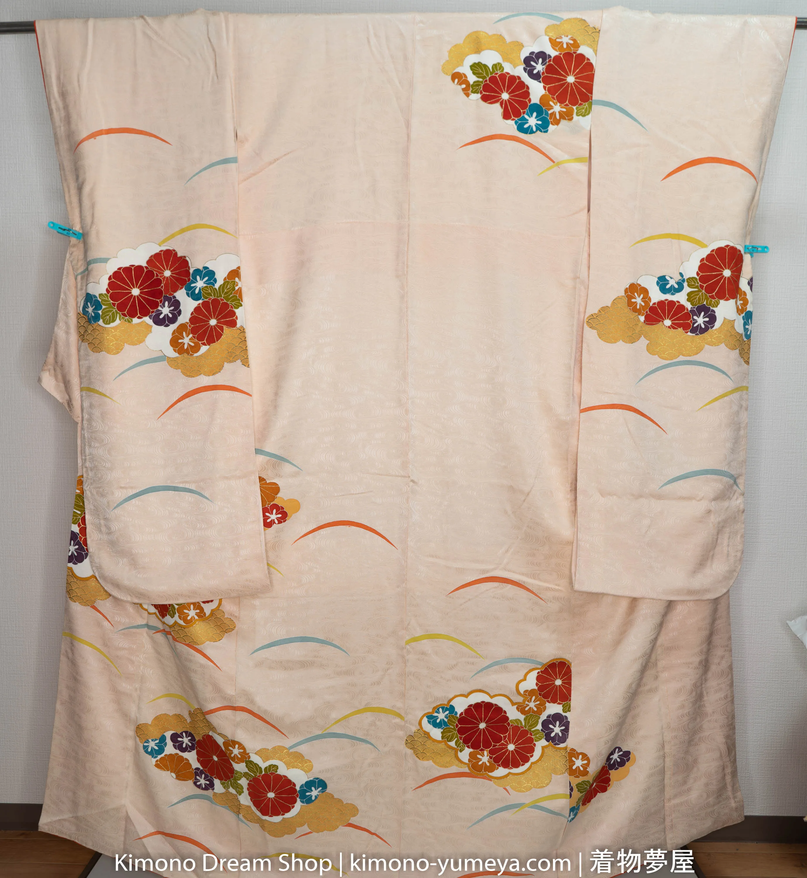 Springtime Chrysanthemum Furisode - Golden Clouds Shiny Waves - Beige Wavy Red Blue Purple Orange