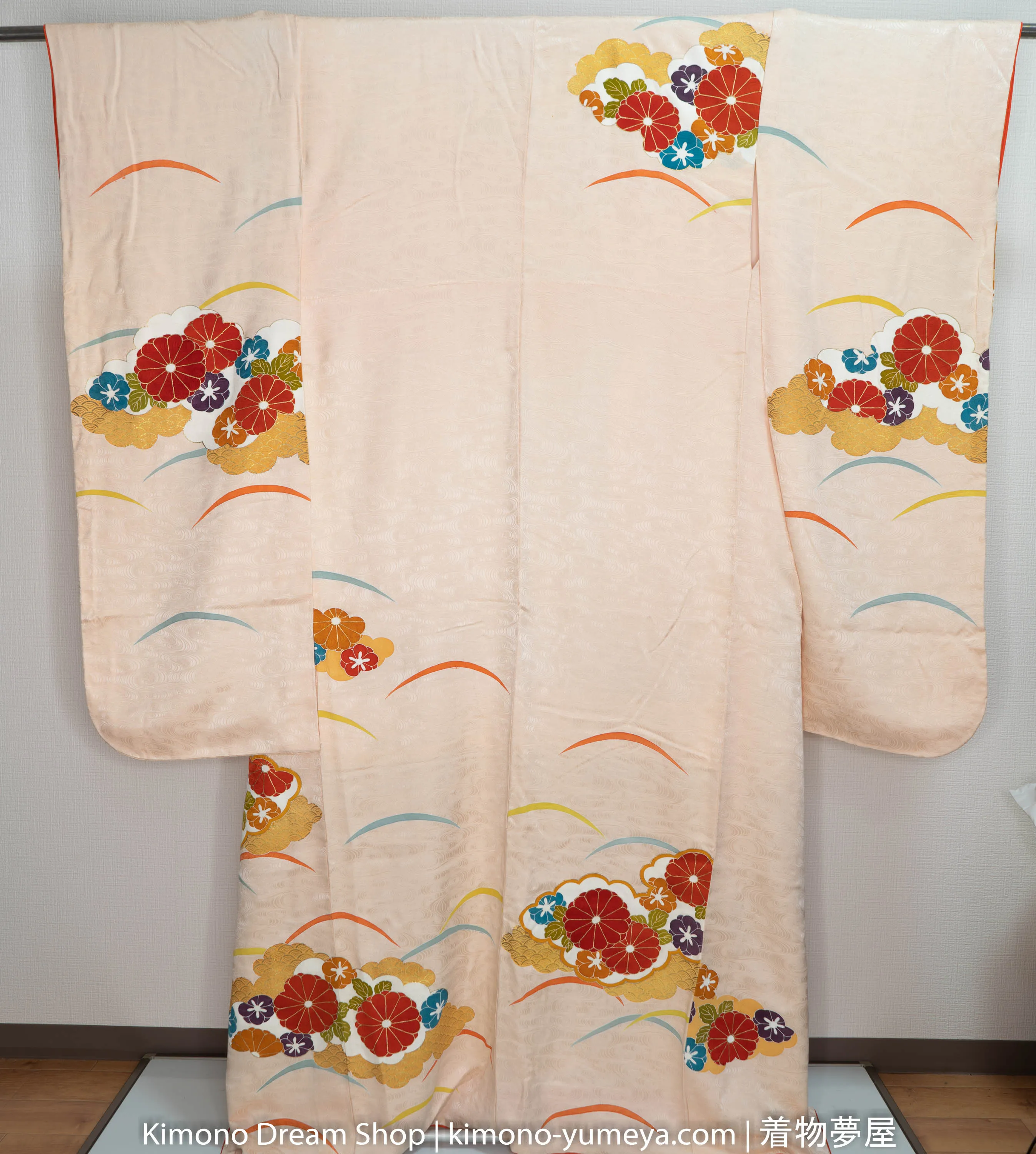 Springtime Chrysanthemum Furisode - Golden Clouds Shiny Waves - Beige Wavy Red Blue Purple Orange