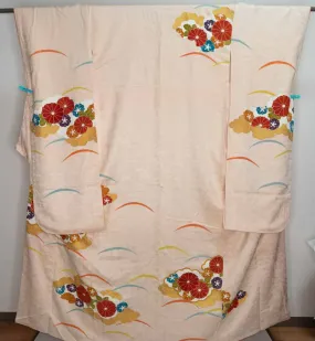 Springtime Chrysanthemum Furisode - Golden Clouds Shiny Waves - Beige Wavy Red Blue Purple Orange