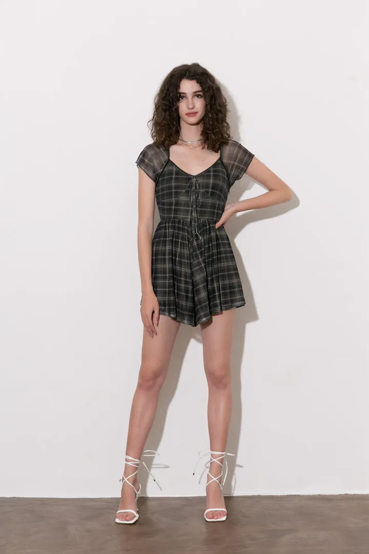 Square Neck Short Flutter Sleeve Checkered Vintage Playsuit