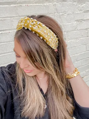 Velvet Rhinestone Studded Chartreuse Headband